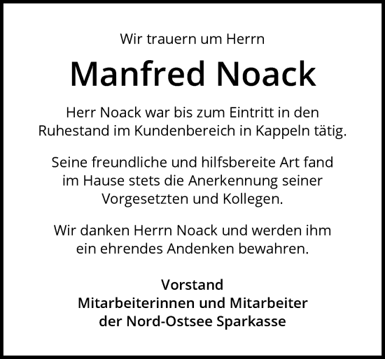 Traueranzeige von Manfred Noack von Schleswiger Nachrichten, Schlei-Bote