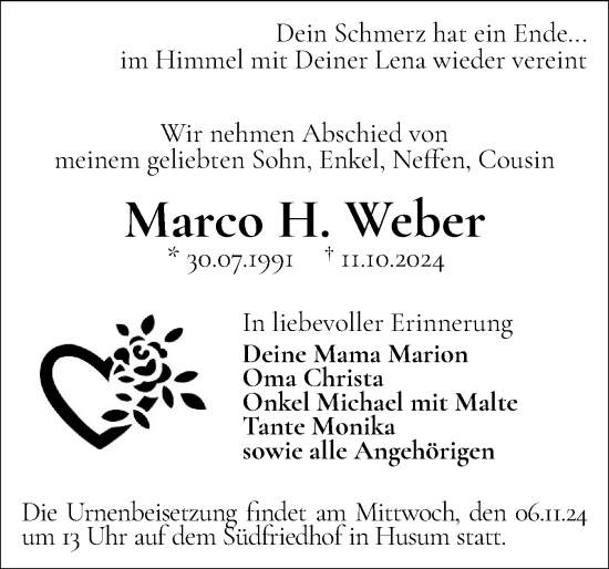 Traueranzeige von Marco Weber von Husumer Nachrichten, Nordfriesland Tageblatt