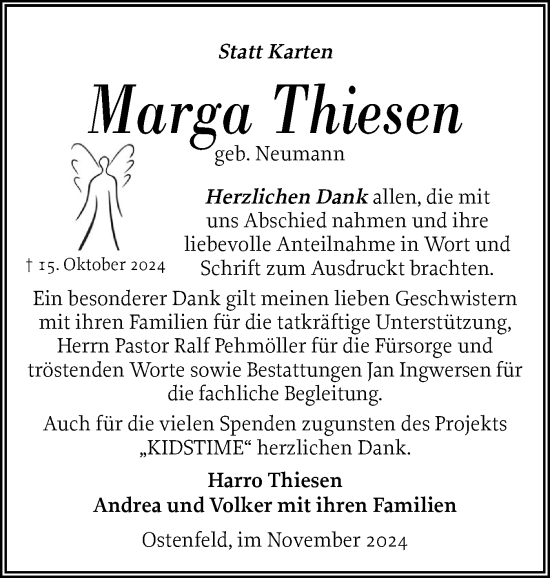 Traueranzeige von Marga Thiesen von Husumer Nachrichten, Nordfriesland Tageblatt