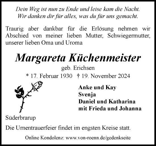 Traueranzeige von Margareta Küchenmeister von Schleswiger Nachrichten, Schlei-Bote