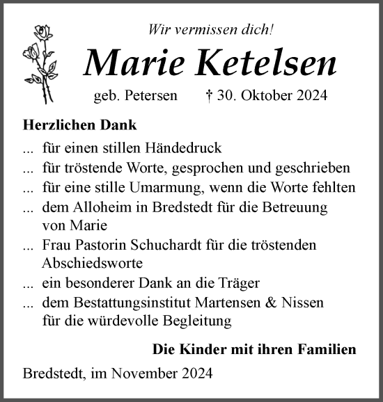 Traueranzeige von Marie Ketelsen von Region Flensburg
