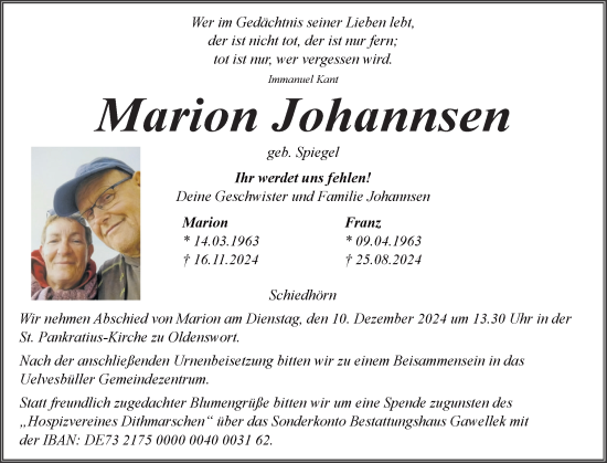 Traueranzeige von Marion Johannsen von Husumer Nachrichten, Nordfriesland Tageblatt