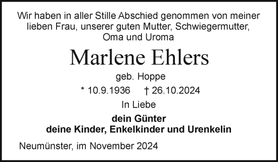 Traueranzeige von Marlene Ehlers von Holsteinischer Courier