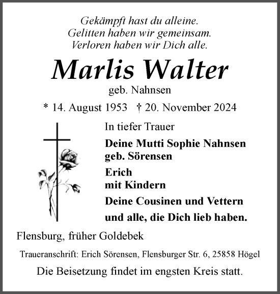 Traueranzeige von Marlis Walter von Region Flensburg