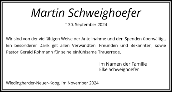 Traueranzeige von Martin Schweighoefer von Husumer Nachrichten, Nordfriesland Tageblatt