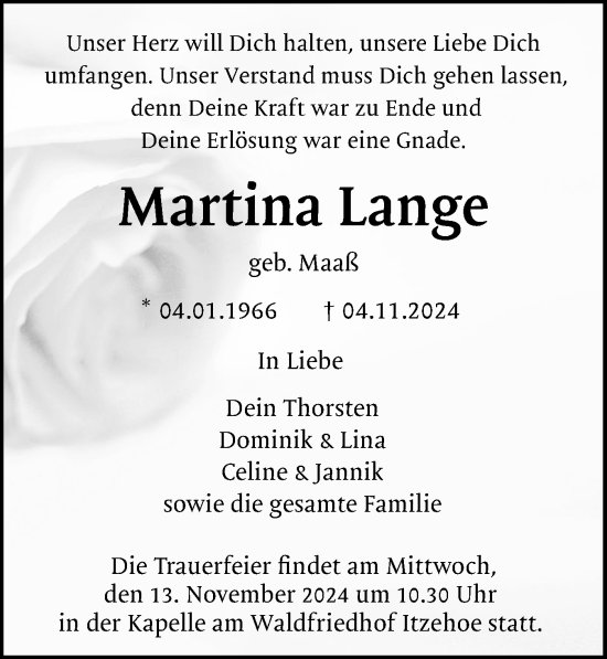 Traueranzeige von Martina Lange von Norddeutsche Rundschau, Wilstersche Zeitung, Glückstädter Fortuna