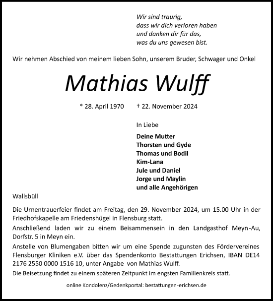 Traueranzeige von Mathias Wulff von Region Flensburg