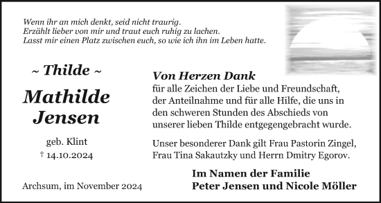 Traueranzeige von Mathilde Jensen von Sylter Rundschau