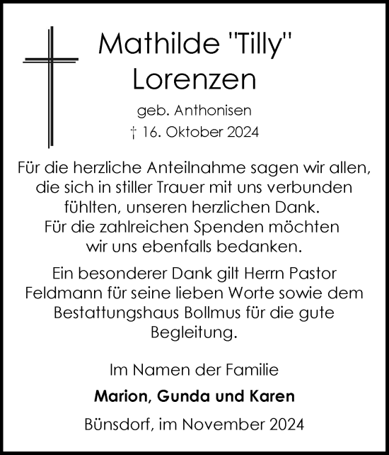 Traueranzeige von Mathilde Lorenzen von Schleswig-Holsteinische Landeszeitung