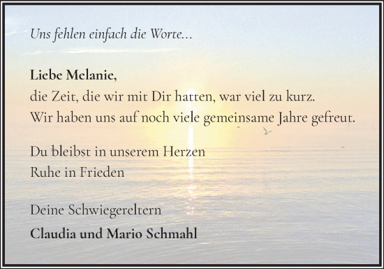 Traueranzeige von Melanie  von Elmshorner Nachrichten, Barmstedter Zeitung