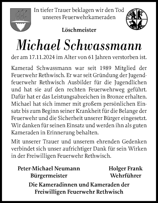 Traueranzeige von Michael Schwassmann von Norddeutsche Rundschau, Wilstersche Zeitung, Glückstädter Fortuna
