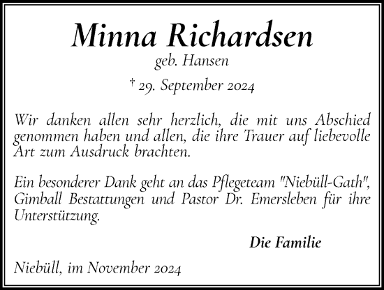 Traueranzeige von Minna Richardsen von Husumer Nachrichten, Nordfriesland Tageblatt