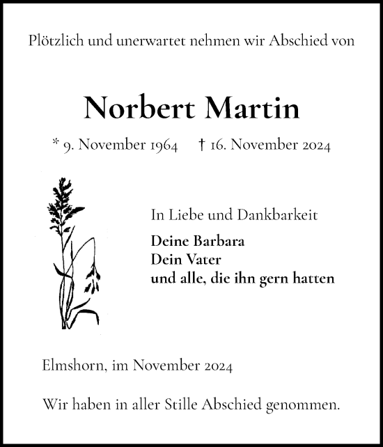 Traueranzeige von Norbert Martin von Elmshorner Nachrichten, Barmstedter Zeitung