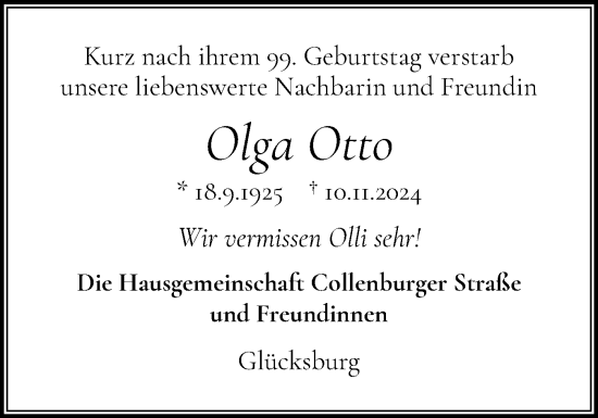 Traueranzeige von Olga Otto von Flensburger Tageblatt