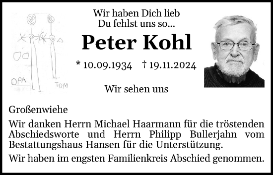 Traueranzeige von Peter Kohl von Flensburger Tageblatt