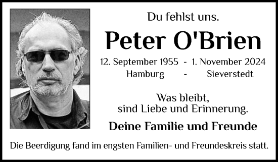 Traueranzeige von Peter OBrien von Flensburger Tageblatt