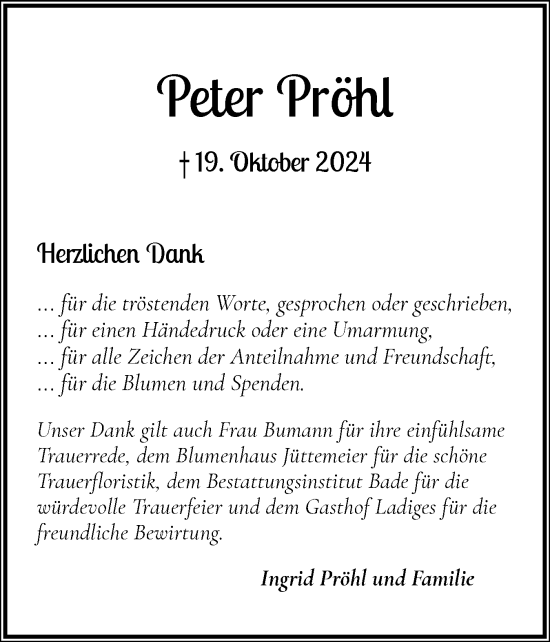 Traueranzeige von Peter Pröhl von Wedel-Schulauer Tageblatt, tip Wedel-Schulauer Tageblatt, tip Rissener Rundschau
