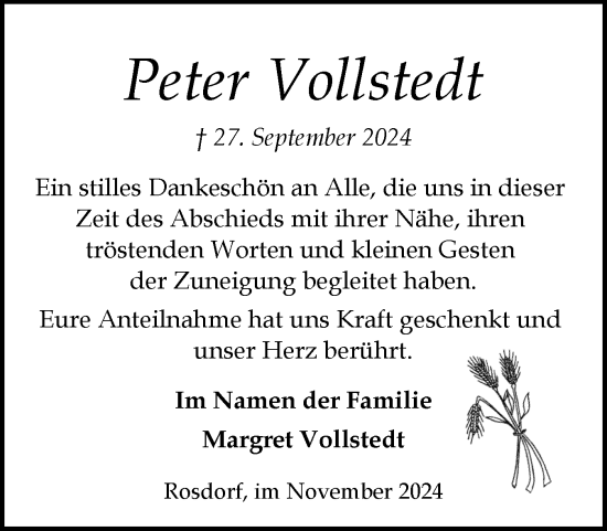 Traueranzeige von Peter Vollstedt von Norddeutsche Rundschau, Wilstersche Zeitung, Glückstädter Fortuna