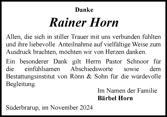 Traueranzeige von Rainer Horn von Schleswiger Nachrichten, Schlei-Bote
