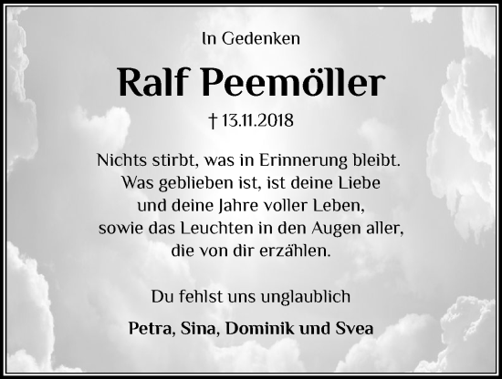 Traueranzeige von Ralf Peemöller von Holsteinischer Courier