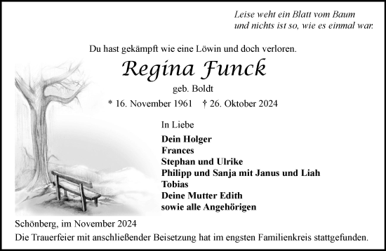 Traueranzeige von Regina Funck von Stormaner Tageblatt