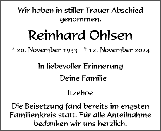 Traueranzeige von Reinhard Ohlsen von Norddeutsche Rundschau, Wilstersche Zeitung, Glückstädter Fortuna