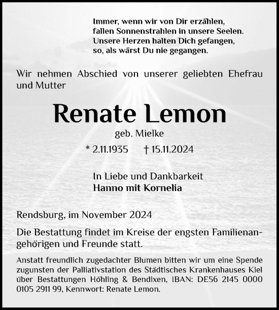Traueranzeige von Renate Lemon von Schleswig-Holsteinische Landeszeitung