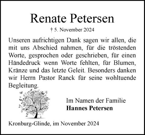 Traueranzeige von Renate Petersen von Schleswig-Holsteinische Landeszeitung