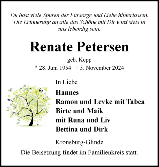 Traueranzeige von Renate Petersen von Schleswig-Holsteinische Landeszeitung