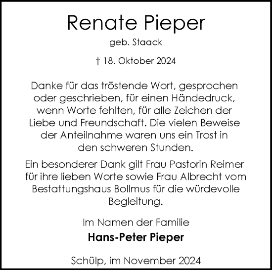 Traueranzeige von Renate Pieper von Schleswig-Holsteinische Landeszeitung