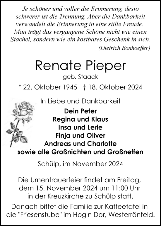 Traueranzeige von Renate Pieper von Schleswig-Holsteinische Landeszeitung