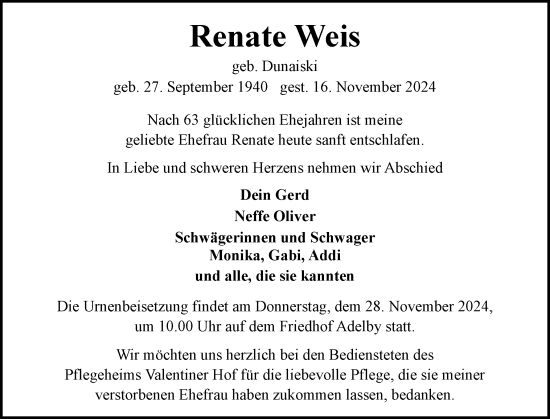Traueranzeige von Renate Weis von Flensburger Tageblatt