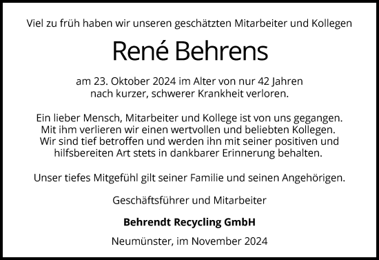 Traueranzeige von René Behrens von Holsteinischer Courier