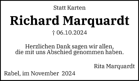 Traueranzeige von Richard Marquardt von Schleswiger Nachrichten, Schlei-Bote