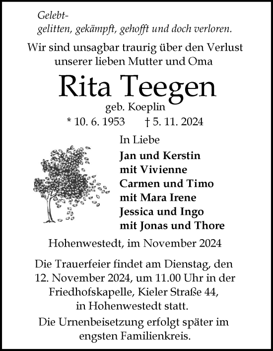 Traueranzeige von Rita Teegen von Schleswig-Holsteinische Landeszeitung