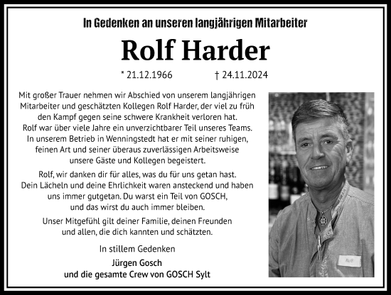 Traueranzeige von Rolf Harder von Sylter Rundschau