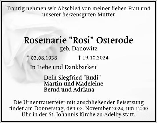 Traueranzeige von Rosemarie Osterode von Flensburger Tageblatt