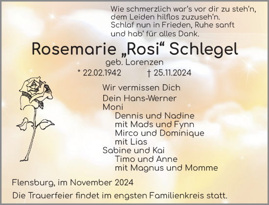 Traueranzeige von Rosemarie Schlegel von Flensburger Tageblatt