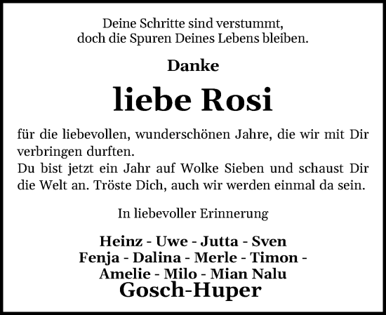 Traueranzeige von Rosi  von Schleswiger Nachrichten, Schlei-Bote