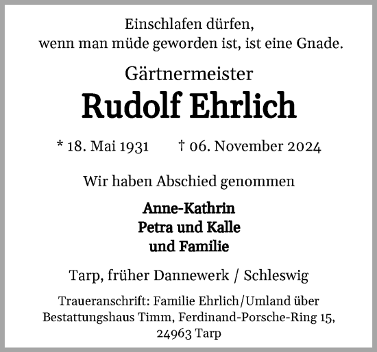Traueranzeige von Rudolf Ehrlich von Schleswiger Nachrichten, Schlei-Bote