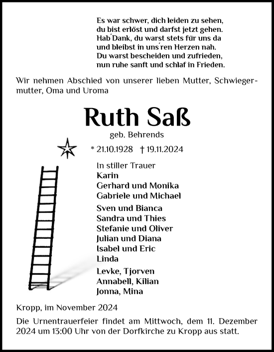 Traueranzeige von Ruth Saß von Schleswig-Holsteinische Landeszeitung