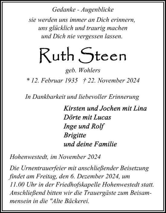 Traueranzeige von Ruth Steen von Schleswig-Holsteinische Landeszeitung