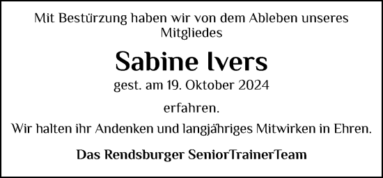 Traueranzeige von Sabine Ivers von Schleswig-Holsteinische Landeszeitung