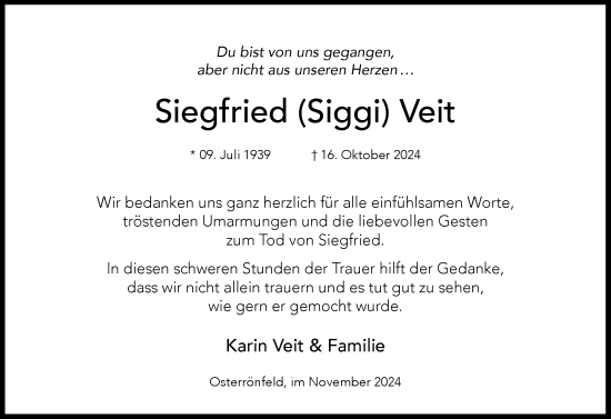Traueranzeige von Siegfried Veit von Schleswig-Holsteinische Landeszeitung