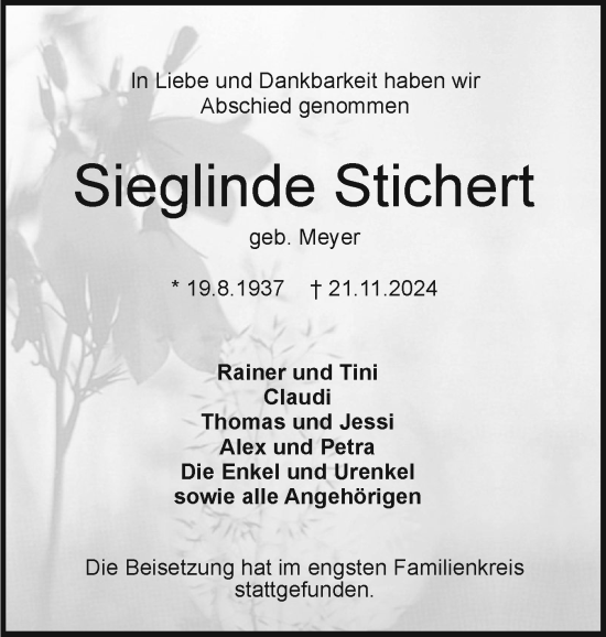 Traueranzeige von Sieglinde Stichert von Holsteinischer Courier
