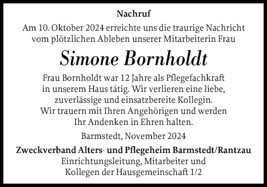 Traueranzeige von Simone Bornholdt von Elmshorner Nachrichten, Barmstedter Zeitung