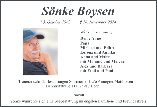 Traueranzeige von Sönke Boysen von Husumer Nachrichten, Nordfriesland Tageblatt