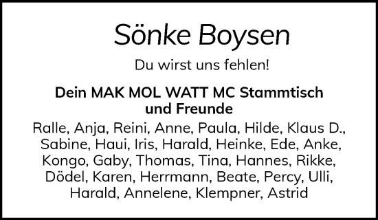 Traueranzeige von Sönke Boysen von Husumer Nachrichten, Nordfriesland Tageblatt
