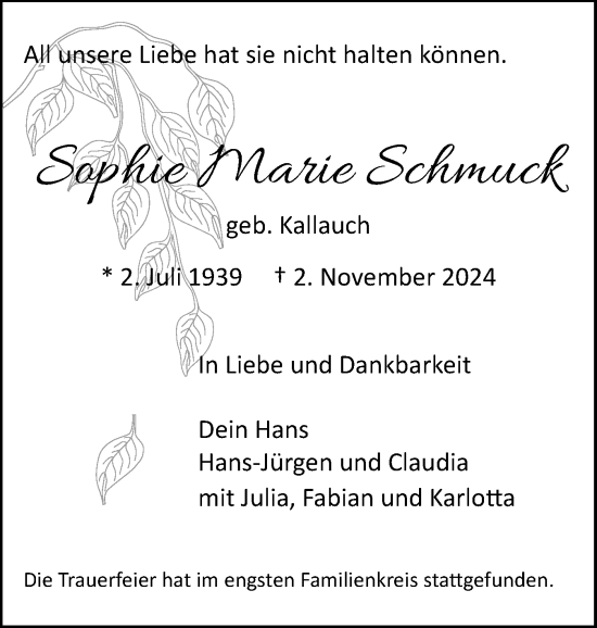 Traueranzeige von Sophie Marie Schmuck von Elmshorner Nachrichten, Barmstedter Zeitung
