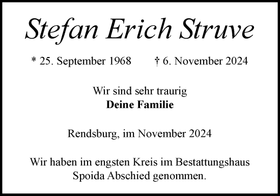 Traueranzeige von Stefan  Struve von Schleswig-Holsteinische Landeszeitung